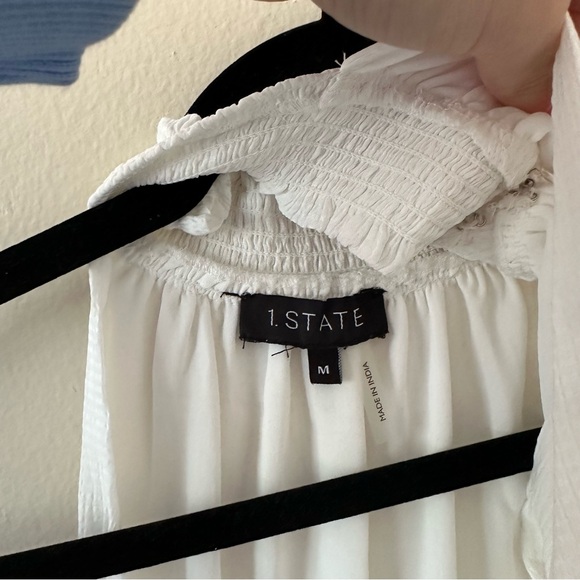 1.STATE High Mock Halter Neck Tiered Ruffle Midi White Ivory Smocked Waist Dress - Picture 5 of 7